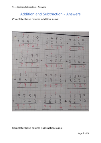 Y4 Maths - Addition and Subtraction