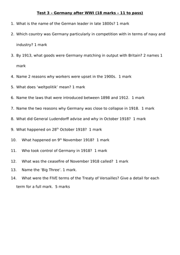 Aqa Gcse Germany 1890 1945 Knowledge Tests Teaching Resources
