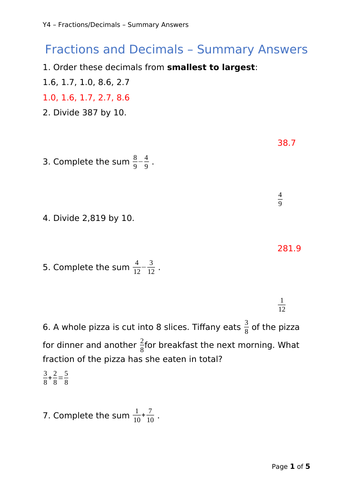 Y4 Maths - Fractions & Decimals Mixed Qs