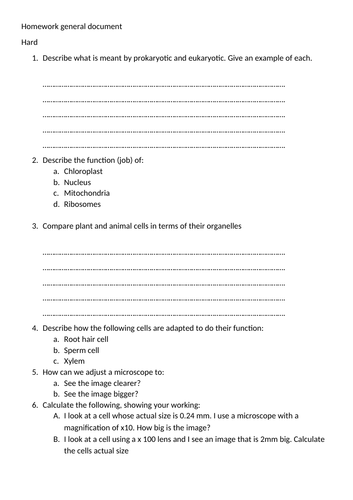 Cells topic homework maker and STA marking | Teaching Resources