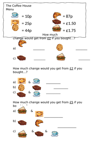 cafe menu money worksheets teaching resources