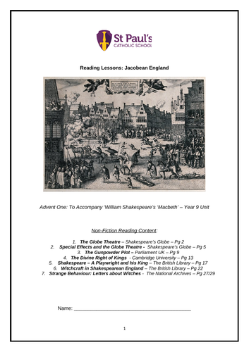 ks3 reading booklet with reading activities jacobean england context