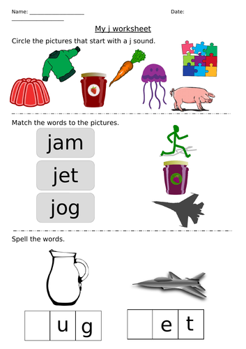 differentiated phonics worksheets j sound teaching resources