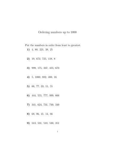 Ordering numbers up to 1000 worksheet (with solutions) | Teaching Resources