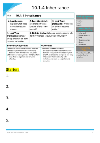 KS3 10.4.1 Inheritance (2021) S.T.A.R | Teaching Resources