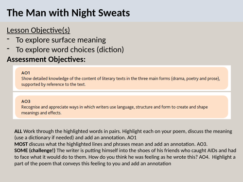 The Man With Night Sweats Poem 3 Lesson GCSE SOW Teaching Resources