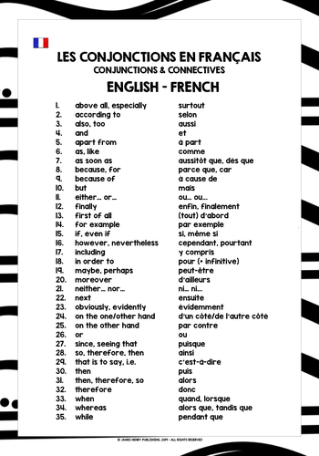 FRENCH CONJUNCTIONS CONNECTIVES LIST | Teaching Resources