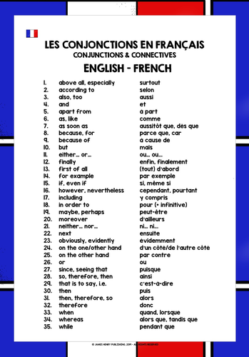 FRENCH CONJUNCTIONS CONNECTIVES LIST | Teaching Resources