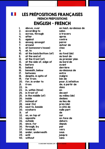 FRENCH PREPOSITIONS LIST FREEBIE | Teaching Resources