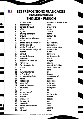 FRENCH PREPOSITIONS LIST FREEBIE | Teaching Resources