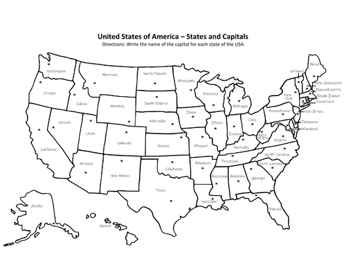 usa states and capitals write the capitals on the map of the usa teaching resources