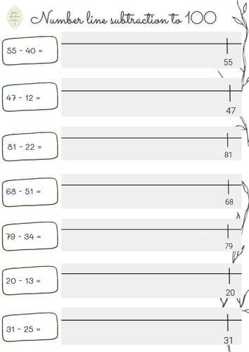 Number line subtraction to 100 worksheets