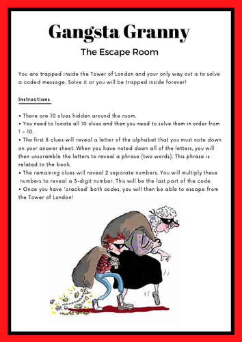 Gangsta Granny Escape Room Game Fun Clues / Quiz English Reading ...
