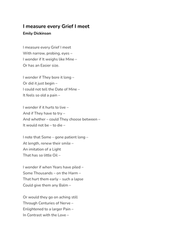 I measure every Grief I meet by Emily Dickinson - Study Guide ...