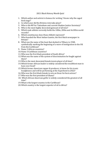 Black History Month 2021 Quiz 'Proud to Be' KS2, KS3, GCSE (2 of 2 ...