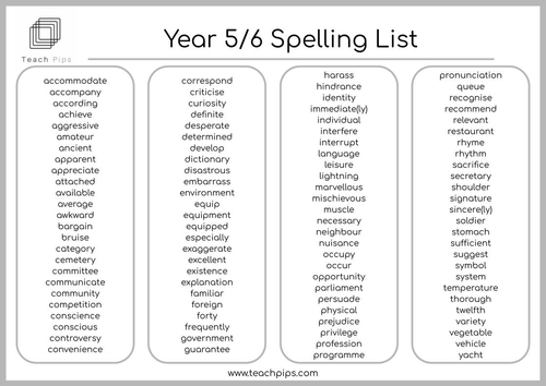 year 5 and 6 spelling list homework