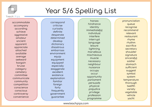 year 5 and 6 spelling list homework