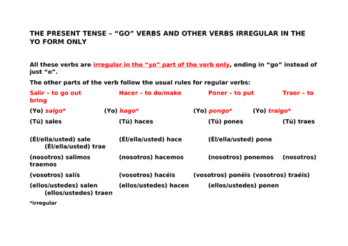 Spanish Present Tense Go verbs and other irregulars