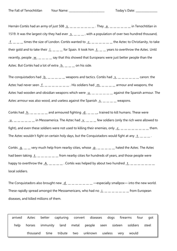 Fall Of Tenochtitlan Cloze Cortes Moctezuma Teaching Resources