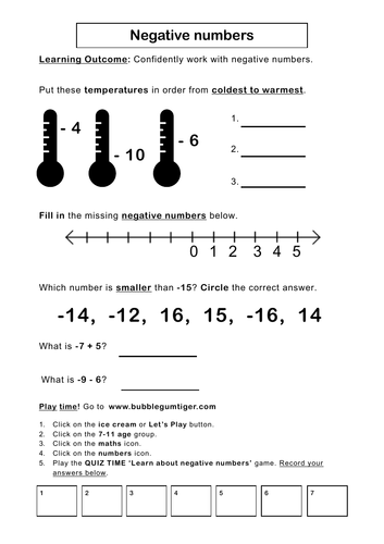 Negative numbers worksheet with answers picture