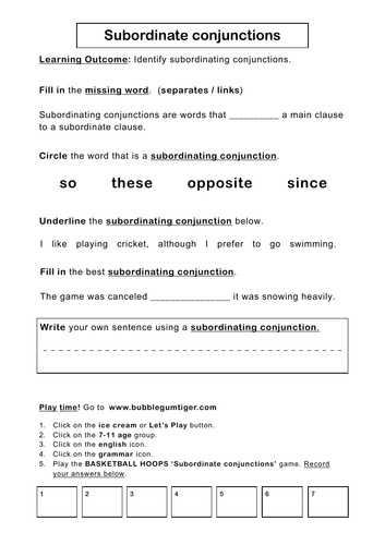 Conjunctions homework ks2 picture
