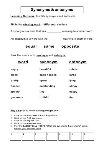 Synonyms and antonyms worksheet year 5 picture