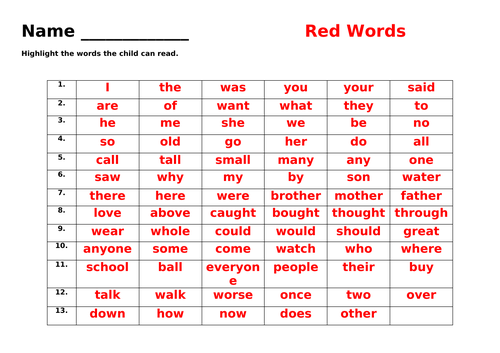 Read Write Inc Red Word Lists