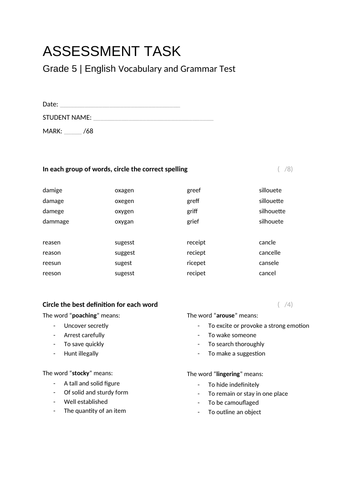 Grade 5 English Language and Vocabulary Assessment