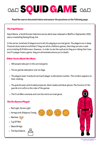 Squid Game Reading Skimming & Scanning Exercise. KS3 English