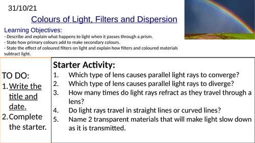 KS3 Physics Colours of Light, Colour of Objects, Filters and Dispersion: Complete Lesson