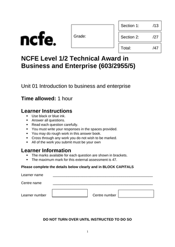 NCFE Technical Award in Business and Enterprise Unit 1 - LO2 Teaching ...