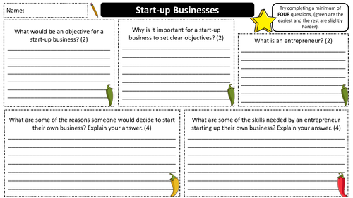Start-up Businesses - Worksheet - Business Studies | Teaching Resources