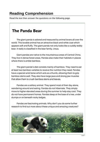 Giant Panda Reading Comprehension | Teaching Resources