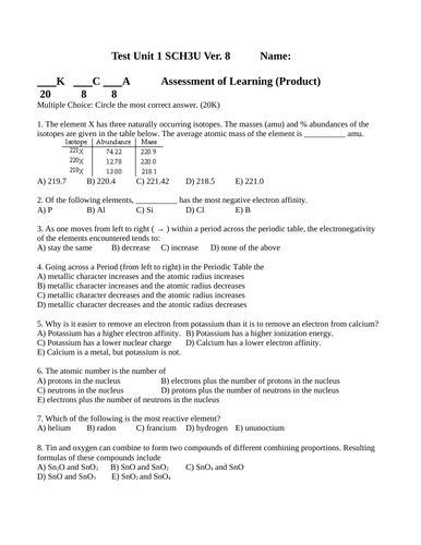 Periodic Table and Bonding Test Package Grade 11 Chemistry Ver. #8  WITH ANSWERS