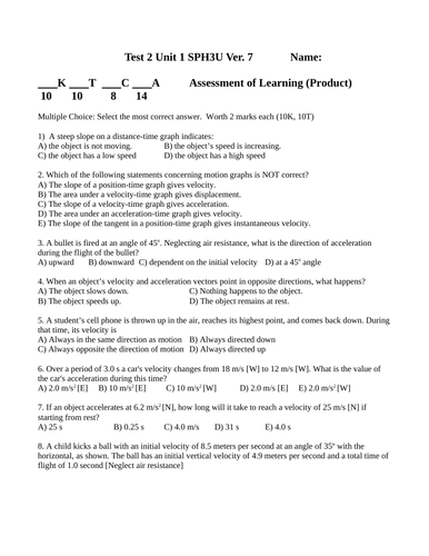 Kinematics Quiz and Test Package Grade 11 Physics Version #7 WITH ANSWERS