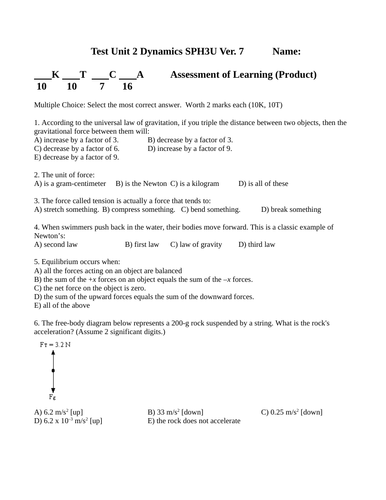 Dynamics Quizzes and Test Package Grade 11 Physics Version #7 WITH ANSWERS