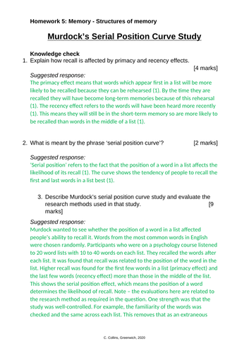 5. Murdock's serial position curve study | Teaching Resources