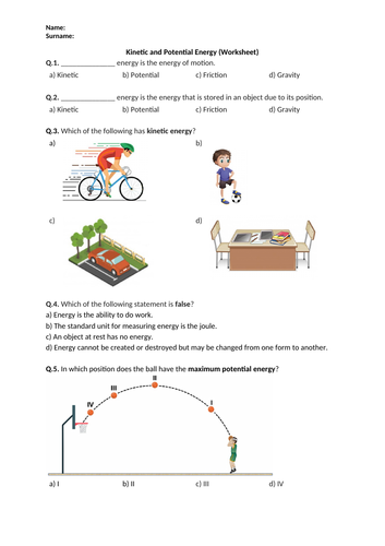 Kinetic and Potential Energy - Worksheet | Printable and Distance Learning