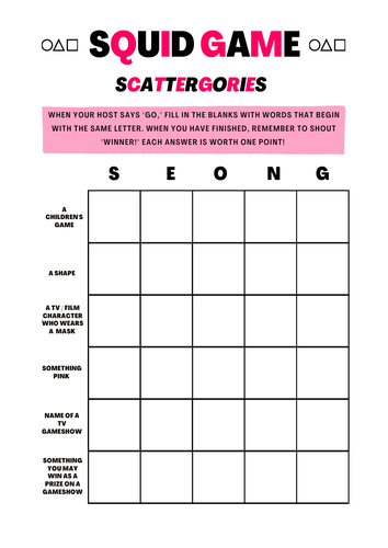 Squid Game Scattergories Game TV Show Activity / Worksheet