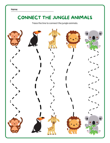 jungle animals connecting lines activity worksheet teaching resources