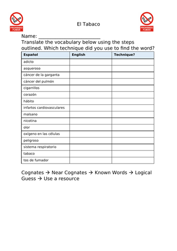 Fumar - Smoking Vocabulary Task