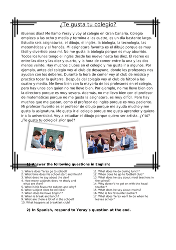 Te gusta tu colegio? Spanish School Reading Worksheet