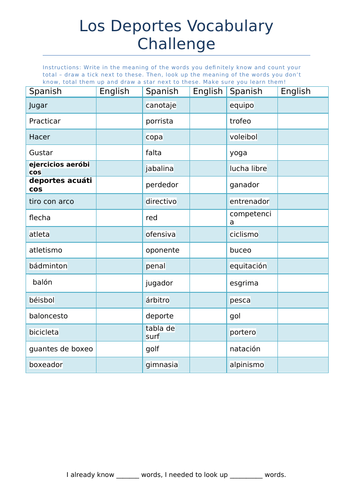 Los Deportes Vocabulary Challenge - Spanish Sports