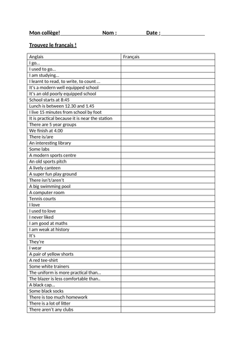 French GCSE Mon college vocab revision search | Teaching Resources