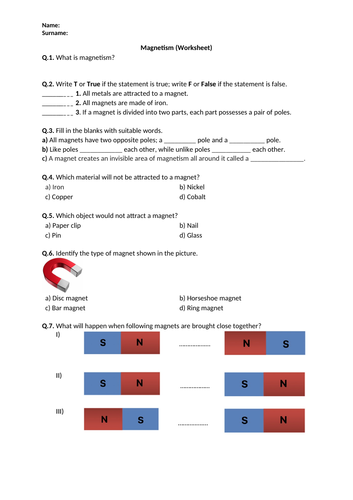 Magnetism - Worksheet | Printable and Distance Learning