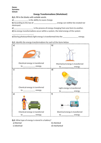 Energy Transformations - Worksheet | Printable and Distance Learning