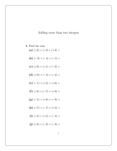 Adding more than two integers worksheet (with solutions) | Teaching ...