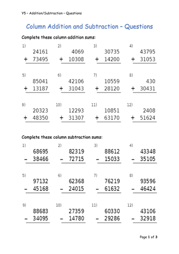 Y5 Maths - Column Addition & Subtraction | Teaching Resources