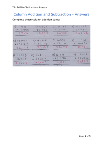 Y5 Maths - Column Addition & Subtraction