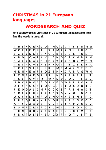 CHRISTMAS IN 21 EUROPEAN LANGUAGES WORDSEARCH AND QUIZ